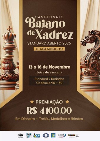 Feira de Santana sedia final do Campeonato Baiano Standard de Xadrez 2025