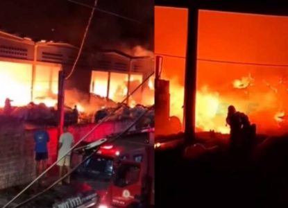 Incêndio de grandes proporções atinge galpão de reciclagem em Camaçari