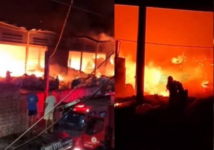 Incêndio de grandes proporções atinge galpão de reciclagem em Camaçari