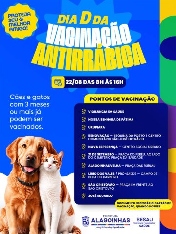 Mobilização para vacina conta raiva animal em cães e gatos neste sábado, 22, em Alagoinhas