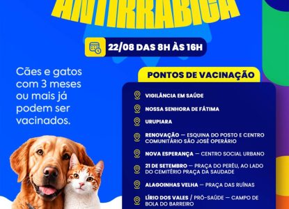 Mobilização para vacina conta raiva animal em cães e gatos neste sábado, 22, em Alagoinhas
